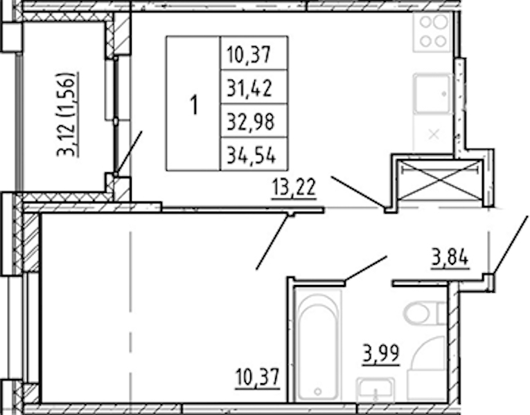 1-комнатная квартира 31.42 м², 3/12 эт., ЖК «Полис Новоселье»